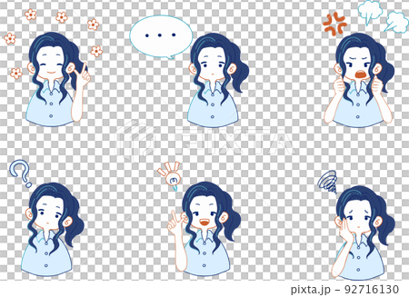 シャツを着た女性のいろいろな表情のイラストセット 92716130