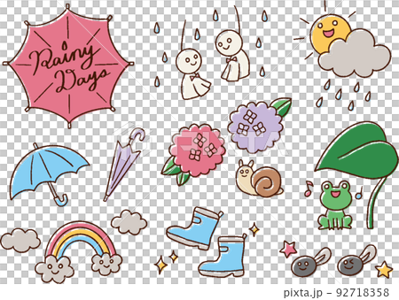 梅雨の季節のゆるくてかわいい手描きイラストセットのイラスト素材