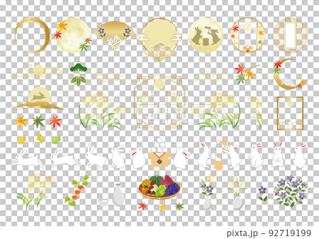 秋のお月見のイラストと和風フレームセット 秋のお月見のイラストと和風フレームセット 92719199