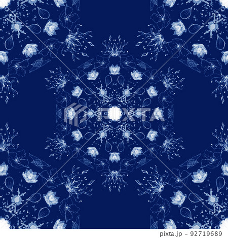 Hand Painted Watercolor White On Blue Mandalas Repeating Pattern 92719689