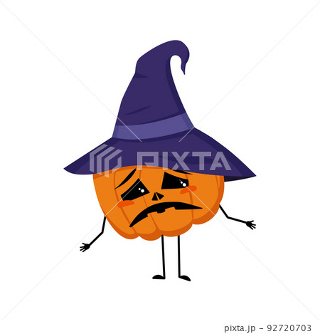 Cute pumpkin character in pointed hat with sad emotions, downcast eyes, depressing face, arms and legs. The vegetable for the holiday Halloween with eyes. Festive autumn decoration for October Cute pumpkin character in pointed hat with sad emotions, downcast eyes, depressing face, arms and legs. The vegetable for the holiday Halloween with eyes. Festive autumn decoration for October 92720703