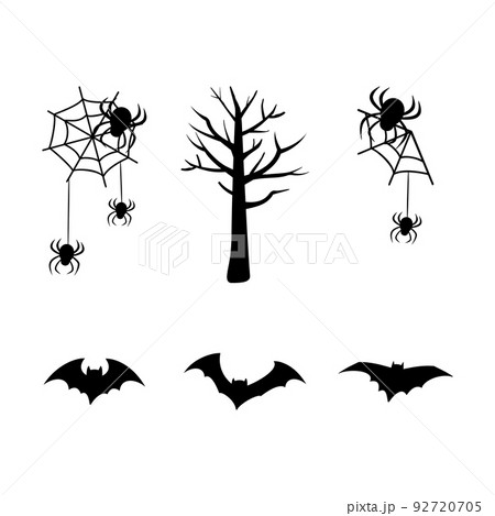 Set of black silhouettes for the holiday halloween. Spider web, tree, bats. Festive decorations for an autumn October day. 92720705