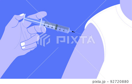 hand holding the syringe inject a drung (coronavirus disease covid-19) to human's shoulder tip.vector illustration eps10 92720880