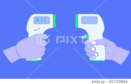 hand holding the medical infrared forehead thermometer 2 side view for detected coronavirus disease covid-19. vector illustration eps10 92720883