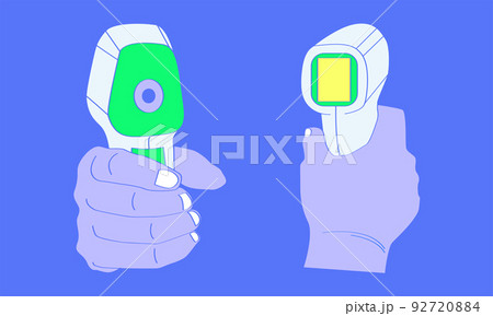 hand holding the medical infrared forehead thermometer front and rear side view for detected coronavirus disease covid-19. vector illustration eps10 92720884