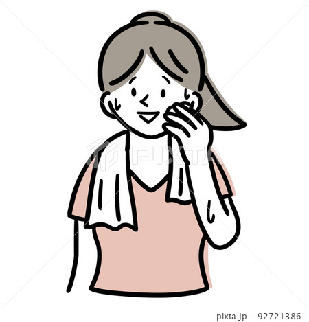 タオルで顔を拭く　笑顔の女性イラスト 92721386
