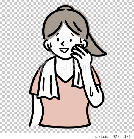 タオルで顔を拭く　笑顔の女性イラスト 92721386