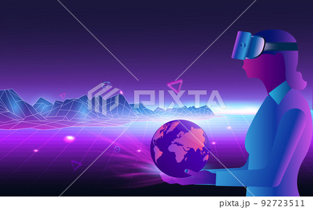 Concept of Future digital technology metaverse with a female holding a virtual world and colorful background. Vector illustration eps10 92723511