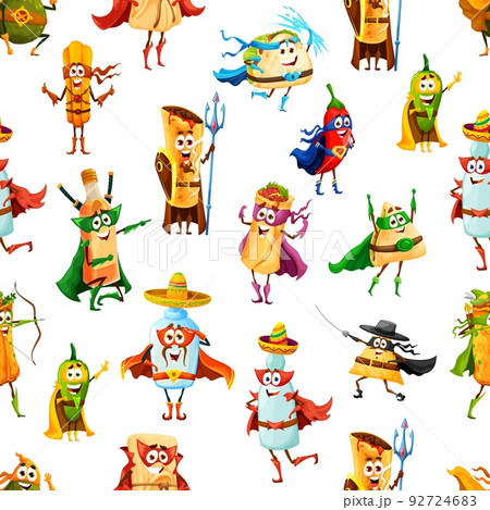 Tex Mex Mexican food superheroes and defenders seamless pattern, vector background. Cartoon super hero characters pattern, burrito and taco in Mexican sombrero, nachos and churros, avocado and tequila 92724683