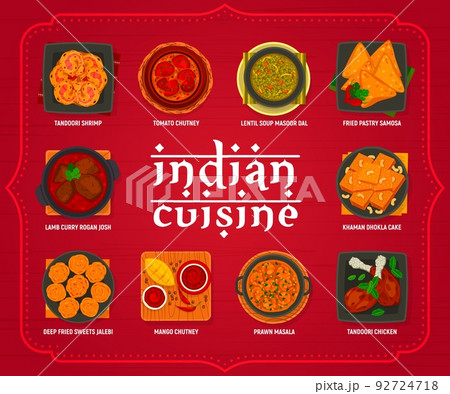 Indian cuisine menu, vector tandoori shrimp, tomato chutney and lentil soup masoor dal. Fried pastry samosa, lamb curry rogan josh and khaman dhokla cake. Deep fried sweets jalebi, mango chutney meals 92724718