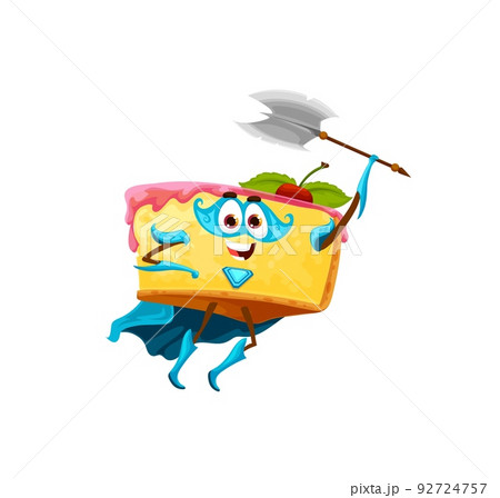 Cartoon cheesecake superhero defender character. Cute cake dessert funny warrior vector personage. Cute and cheerful cheesecake piece isolated character in mask and cape, swinging with battle ax 92724757