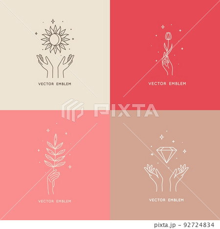 Boho sun, flower, gem and twig with moon and star in hand, vector line icons. Bohemian mystic or esoteric symbols and emblems of crystal and woman hand with flower and crystal gem of magic healing 92724834