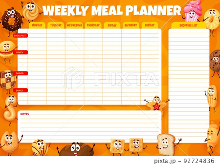 Weekly meal planner. Cartoon bakery, pastry, cakes and cookies personages on diet weekly menu vector template, healthy eating daily schedule or organizer check list with sweet dessert funny characters 92724836