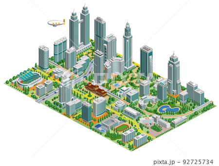 ブロックのように組み合わせれば大きな都市になる街並みイラスト　バリエーションあり 92725734