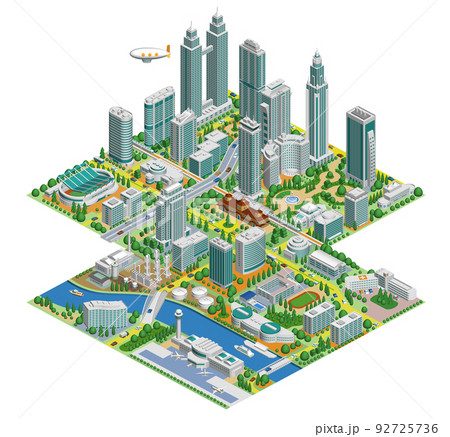 ブロックのように組み合わせれば大きな都市になる街並みイラスト　バリエーションあり 92725736