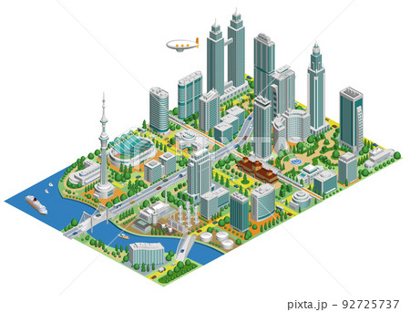 ブロックのように組み合わせれば大きな都市になる街並みイラスト　バリエーションあり 92725737