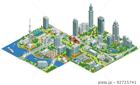 ブロックのように組み合わせれば大きな都市になる街並みイラスト　バリエーションあり 92725741