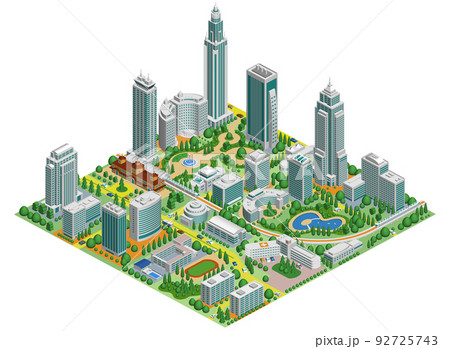 ブロックのように組み合わせれば大きな都市になる街並みイラスト　バリエーションあり 92725743