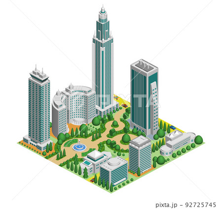 ブロックのように組み合わせれば大きな都市になる街並みイラスト　バリエーションあり 92725745