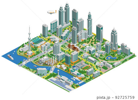 ブロックのように組み合わせれば大きな都市になる街並みイラスト　バリエーションあり 92725759