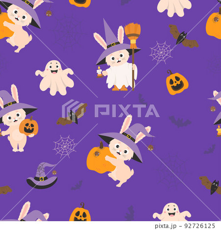 Seamless pattern Halloween. Cute rabbit in witch hat with broom, Pumpkin Jack and funny ghost on purple background with bats and cobweb. Vector illustration. Cute halloween background kids collection. 92726125