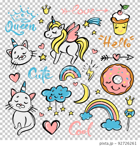 CUTE DOODLE SET CARTOON ANIMALS Hand Drawn Sketch With Animals Sweets And Handwriting Phrases. Vector Elements And Lettering. Unicorn Cat Rainbow Donut CUTE DOODLE SET CARTOON ANIMALS Hand Drawn Sketch With Animals Sweets And Handwriting Phrases. Vector Elements And Lettering. Unicorn Cat Rainbow Donut 92726261