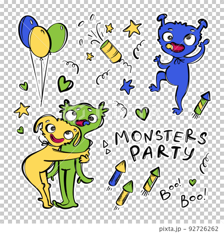CUTE MONSTER CARTOON SET Huggy Wuggy Girl Hugs Her Friend Birthday Party Hand Drawn Sketch With Outlines Of Funny Aliens Vector Illustration Sticker Collection 92726262