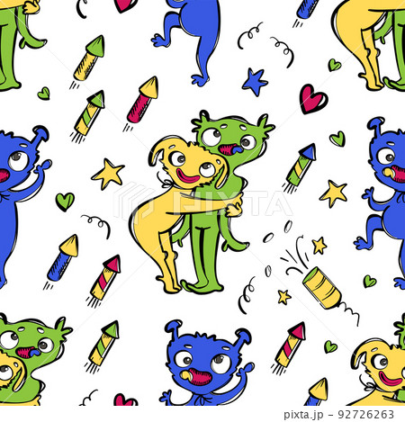 CUTE MONSTER Cartoon Huggy Wuggy Girl Hugs Her Friend Birthday Party Hand Drawn Sketch With Funny Aliens Seamless Pattern Vector Illustration Set For Print CUTE MONSTER Cartoon Huggy Wuggy Girl Hugs Her Friend Birthday Party Hand Drawn Sketch With Funny Aliens Seamless Pattern Vector Illustration Set For Print 92726263