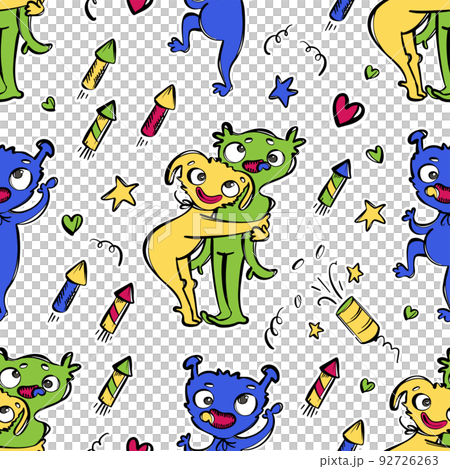 CUTE MONSTER Cartoon Huggy Wuggy Girl Hugs Her Friend Birthday Party Hand Drawn Sketch With Funny Aliens Seamless Pattern Vector Illustration Set For Print 92726263