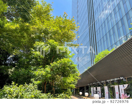 灼熱の夏の高層オフィスビル街を通る緑地歩道 灼熱の夏の高層オフィスビル街を通る緑地歩道 92726976