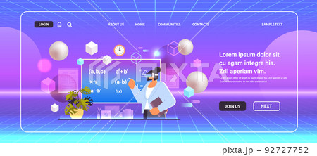 teacher in virtual reality glasses solving math problem on digital chalkboard education vr vision headset innovation metaverse teacher in virtual reality glasses solving math problem on digital chalkboard education vr vision headset innovation metaverse 92727752