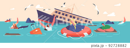 Shipwreck Concept. Shocked People Trying to Survive in Ocean with Sinking Ship and Scatter Floating Debris on Water 92728882