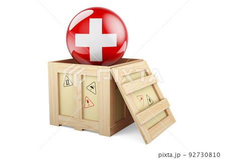 Wooden box, parcel with Swiss flag. Shipping and delivery in Switzerland, concept. 3D rendering Wooden box, parcel with Swiss flag. Shipping and delivery in Switzerland, concept. 3D rendering 92730810