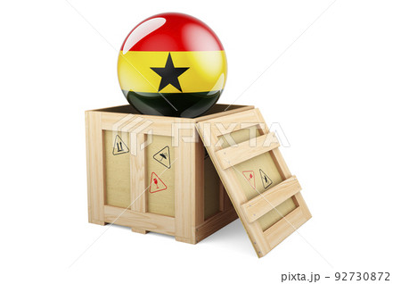 Wooden box, parcel with Ghanaian flag. Shipping and delivery in Ghana, concept. 3D rendering Wooden box, parcel with Ghanaian flag. Shipping and delivery in Ghana, concept. 3D rendering 92730872