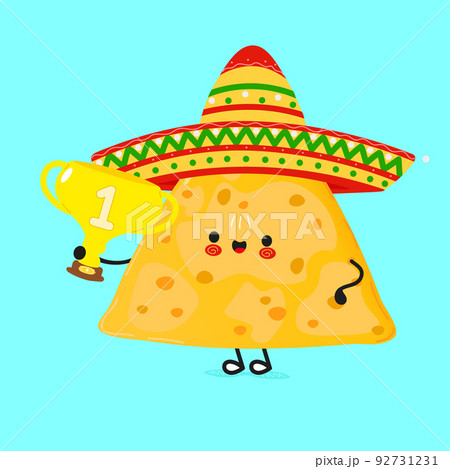 Cute funny nachos hold gold trophy cup. Vector hand drawn cartoon kawaii character illustration icon. Isolated on blue background. Nachos with winner trophy cup 92731231