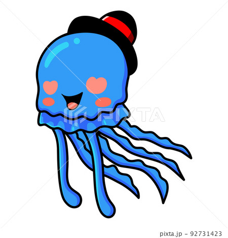 Cute blue little jellyfish cartoon with red heart eyes 92731423