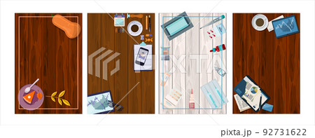 Vector tables with office supplies, medical and autumn food. Pharmacy template for hospitals, advertising, pharmacies training. template for office, business solutions, startup, time management 92731622
