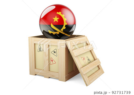 Wooden box, parcel with Angolan flag. Shipping and delivery in Angola, concept. 3D rendering Wooden box, parcel with Angolan flag. Shipping and delivery in Angola, concept. 3D rendering 92731739