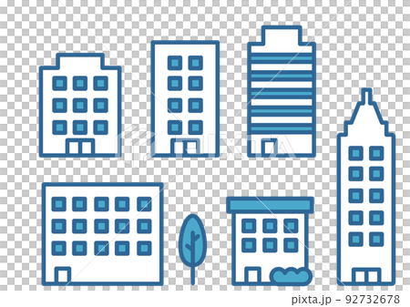 高層建築和房屋等各種建築物的圖標插圖 藍色 92732678
