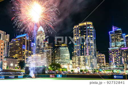 fireworks show over charlotte skyline post baseball game 92732841