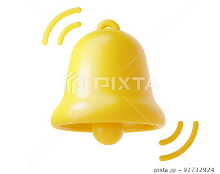 Notification bell icon 3d render - cute cartoon illustration of simple yellow bell for reminder or notice concept. 92732924