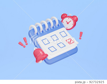Calendar with clock and bell 3d render. Blue organizer with rings and week lined up floating near red watch and bell 92732925