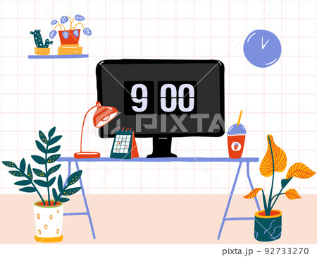 Cozy room interior with computer desk, lot of plants, lamp and calendar. Morning at home office cute modern illustration 92733270