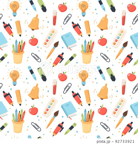School seamless pattern. Supplies and equipment for learning. Cute vector illustration in flat cartoon style 92733921