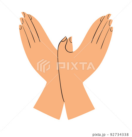 Hands folded in shape of bird. 92734338