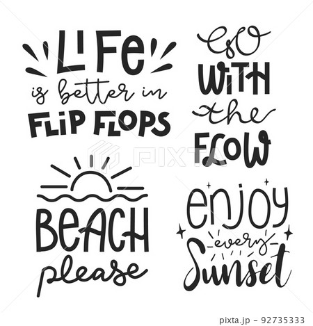 Beach themed set with hand drawn lettering compositions. Funny season slogans. Isolated calligraphy quotes for travel agency, beach party, banner, postcard, print or poster. Vector illustration 92735333
