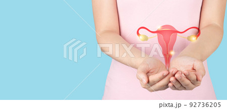 Healthy uterus and ovaries anatomy on female hands. Awareness of women health care such as endometriosis disease, PCOS, STDs, ovarian or cervical cancer screening. Gynecology and reproductive system. 92736205
