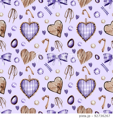 Watercolor pattern with hearts made of wood and fabric. Vintage pattern in purple shades. Suitable for textiles, dough, gifts, wrapping paper, etc Watercolor pattern with hearts made of wood and fabric. Vintage pattern in purple shades. Suitable for textiles, dough, gifts, wrapping paper, etc 92736267