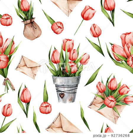 Floral background with red flowers. Tulips in a pot, an envelope, a bouquet of flowers. The spring pattern is suitable for decorating bouquets and gifts. Floral background with red flowers. Tulips in a pot, an envelope, a bouquet of flowers. The spring pattern is suitable for decorating bouquets and gifts. 92736268