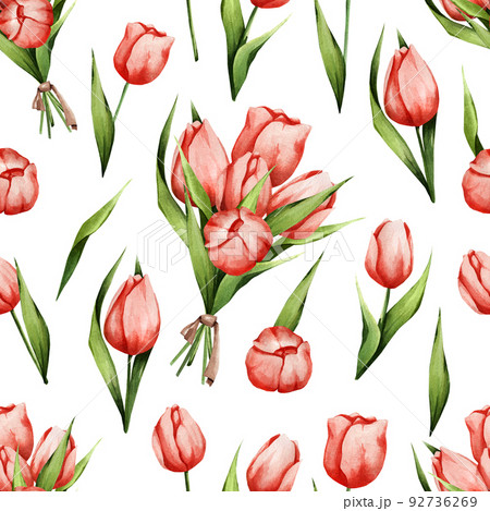 Floral watercolor pattern with red tulips. Spring background. Suitable for textiles, dough, gifts, wrapping paper, etc Floral watercolor pattern with red tulips. Spring background. Suitable for textiles, dough, gifts, wrapping paper, etc 92736269